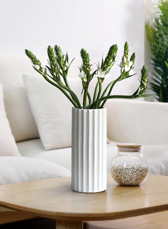 GeLive Glazed White Ceramic Vase Ribbed Straight Cylinder Minimalist Waterproof Flower Vase, Home Decor Centerpiece for Fresh Bud Artificial Dried Flowers 9 Inch Height - Image 1